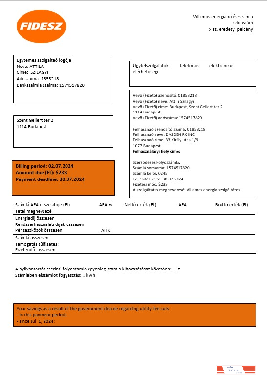 Hungary FIDESZ easy to fill business utility bill template in Word and PDF formats